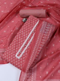 MEENA BAZAAR - Embroidered Peach Cotton Unstitched Dress Material