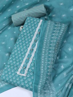 MEENA BAZAAR - Embroidered Blue Cotton Unstitched Dress Material