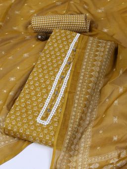 MEENA BAZAAR - Embroidered Mustard Cotton Unstitched Dress Material