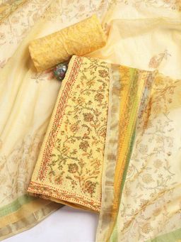 MEENA BAZAAR - Printed Mustard Cotton Unstitched Dress Material