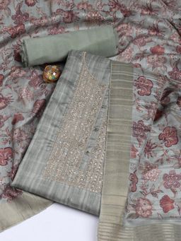 MEENA BAZAAR - Embroidered Green Art Silk Unstitched Dress Material