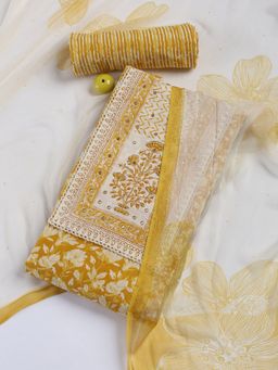 MEENA BAZAAR - Embroidered Mustard Cotton Unstitched Dress Material