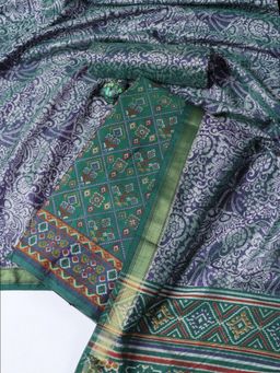 MEENA BAZAAR - Printed Green Chanderi Unstitched Dress Material