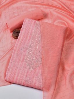 MEENA BAZAAR - Embroidered Pink Linen Unstitched Dress Material