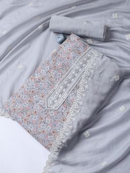 MEENA BAZAAR - Embroidered Grey Cotton Unstitched Dress Material