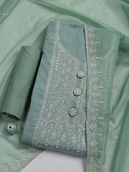 MEENA BAZAAR - Embroidered Green Cotton Unstitched Dress Material