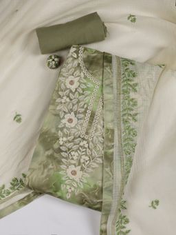 MEENA BAZAAR - Embroidered Green Cotton Unstitched Dress Material