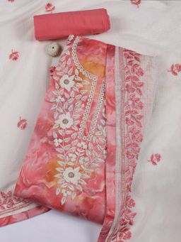 MEENA BAZAAR - Embroidered Pink Cotton Unstitched Dress Material