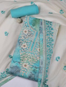 MEENA BAZAAR - Embroidered Green Cotton Unstitched Dress Material