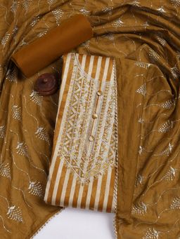 MEENA BAZAAR - Embroidered Mustard Cotton Unstitched Dress Material