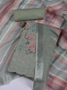 MEENA BAZAAR - Embroidered Green Linen Unstitched Dress Material