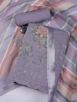 MEENA BAZAAR - Embroidered Lavender Linen Unstitched Dress Material