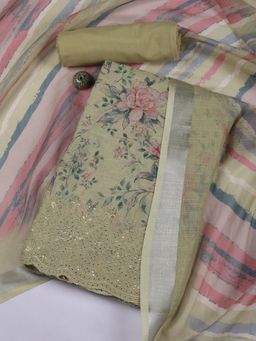 MEENA BAZAAR - Embroidered Green Linen Unstitched Dress Material