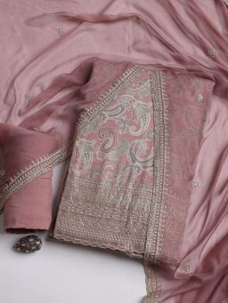 MEENA BAZAAR - Embroidered Pink Muslin Unstitched Dress Material