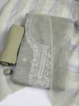 MEENA BAZAAR - Embroidered Green Chanderi Unstitched Dress Material