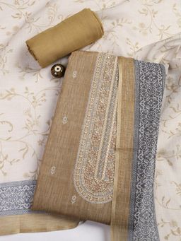 MEENA BAZAAR - Printed Khaki Chanderi Unstitched Dress Material