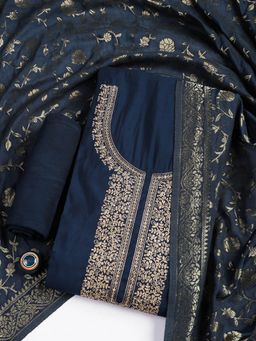 MEENA BAZAAR - Embroidered Blue Chanderi Unstitched Dress Material