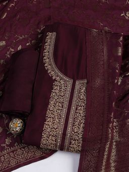 MEENA BAZAAR - Embroidered Wine Chanderi Unstitched Dress Material