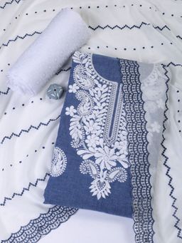 MEENA BAZAAR - Embroidered Blue Cotton Unstitched Dress Material