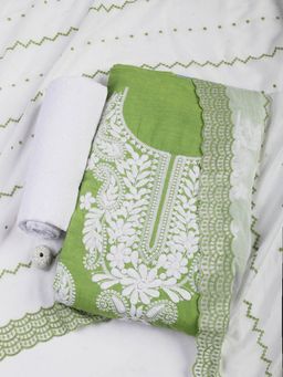 MEENA BAZAAR - Green Embroidered Unstitched Dress Material