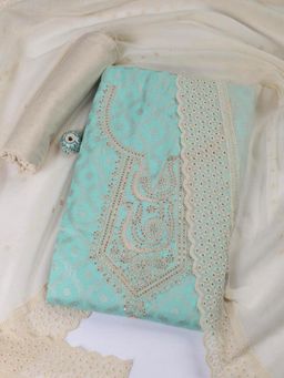 MEENA BAZAAR - Embroidered Green Cotton Unstitched Dress Material
