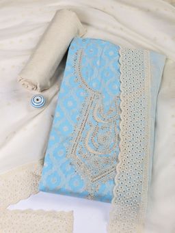 MEENA BAZAAR - Embroidered Blue Cotton Unstitched Dress Material