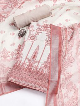 MEENA BAZAAR - Printed Beige Linen Unstitched Dress Material