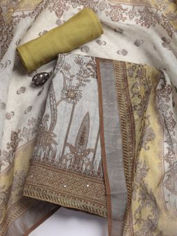 MEENA BAZAAR - Grey Linen Unstitched Dress Material