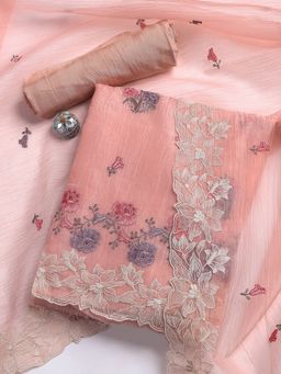 MEENA BAZAAR - Embroidered Peach Tissue Unstitched Dress Material