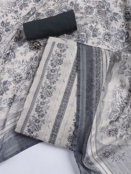 MEENA BAZAAR - Printed Grey Linen Unstitched Dress Material