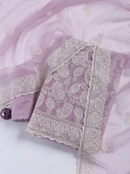 MEENA BAZAAR - Embroidered Lavender Organza Unstitched Dress Material