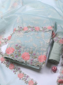 MEENA BAZAAR - Embroidered Blue Organza Unstitched Dress Material