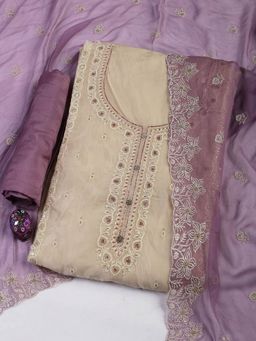 MEENA BAZAAR - Embroidered Cream Organza Unstitched Dress Material