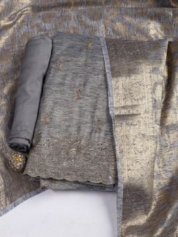 MEENA BAZAAR - Embroidered Grey Chanderi Unstitched Dress Material