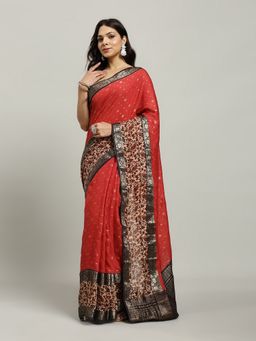 MEENA BAZAAR - Red Woven Cotton Saree with Unstitched Blouse