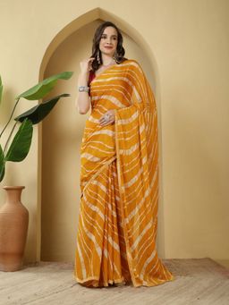 MEENA BAZAAR - Stripes Mustard Chiffon Saree with Unstitched Blouse