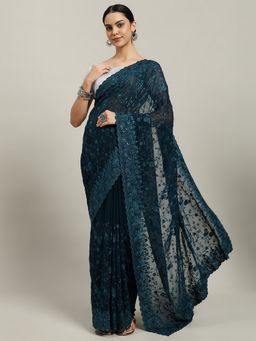 MEENA BAZAAR - Embroidered Blue Georgette Saree with Unstitched Blouse