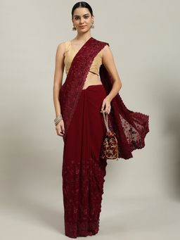 MEENA BAZAAR - Embroidered Wine Georgette Saree with Unstitched Blouse