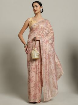 MEENA BAZAAR - Embroidered Pink Chiffon Saree with Unstitched Blouse