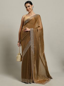 MEENA BAZAAR - Embroidered Grey Tissue Saree with Unstitched Blouse