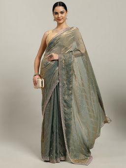 MEENA BAZAAR - Embellished Green Tissue Saree with Unstitched Blouse