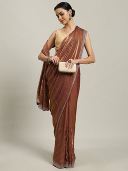 MEENA BAZAAR - Embellished Brown Tissue Saree with Unstitched Blouse