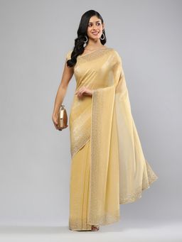 MEENA BAZAAR - Embroidered Beige Chiffon Saree with Unstitched Blouse