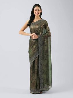 MEENA BAZAAR - Embroidered Green Chiffon Saree with Unstitched Blouse