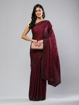 MEENA BAZAAR - Embellished Wine Satin Saree with Unstitched Blouse