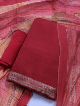 MEENA BAZAAR - Red Art Silk Unstitched Dress Material