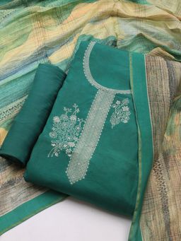 MEENA BAZAAR - Woven Green Unstitched Dress Material