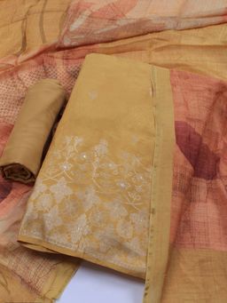 MEENA BAZAAR - Embroidered Yellow Art Silk Unstitched Dress Material