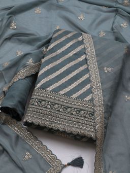 MEENA BAZAAR - Embellished Grey Art Silk Unstitched Dress Material