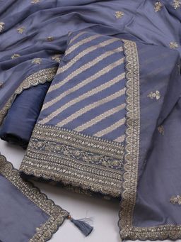 MEENA BAZAAR - Embroidered Grey Art Silk Unstitched Dress Material